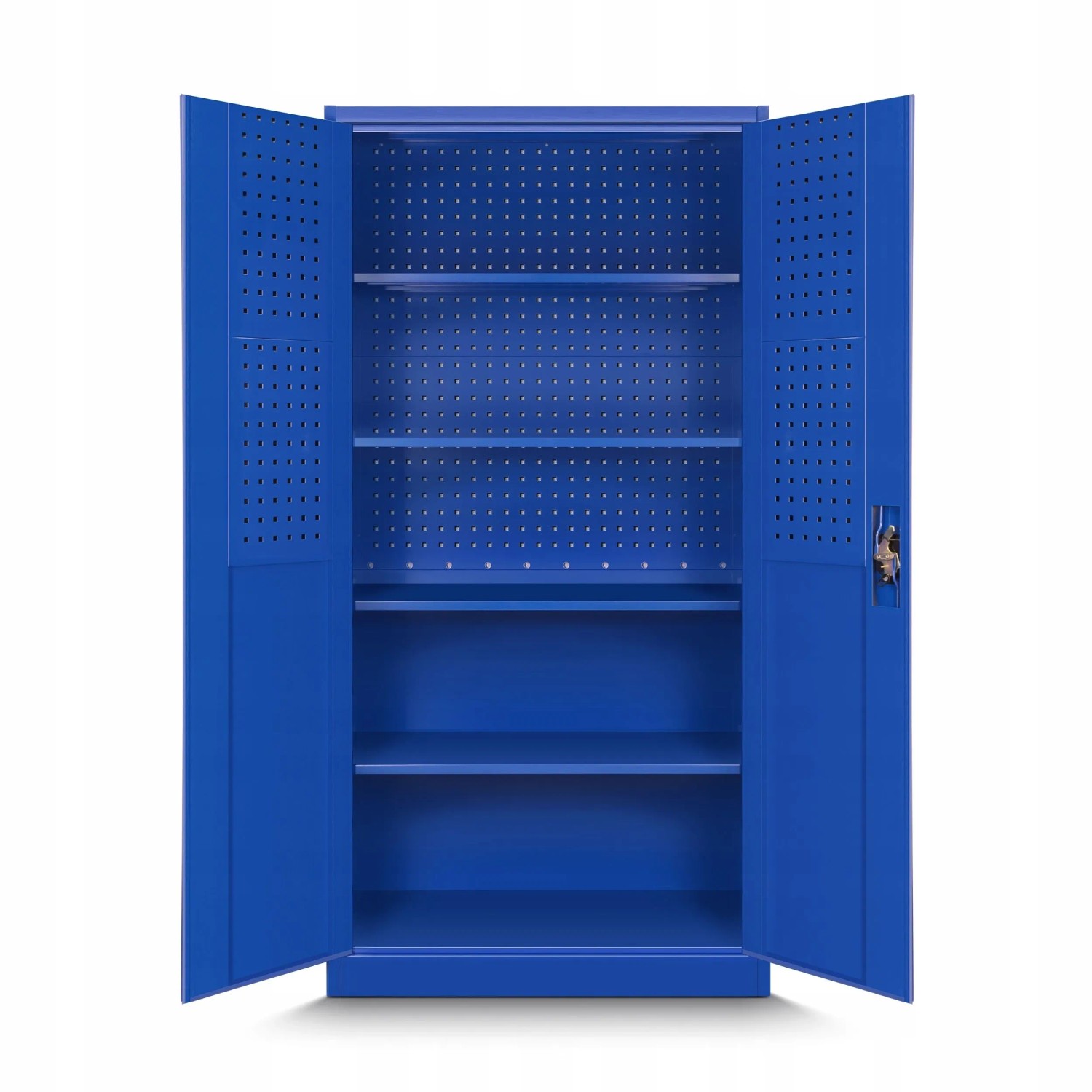 Offener, blauer Jan Nowak Werkzeugschrank BRUNO mit Fachböden und Lochwand.