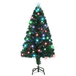 Grüner künstlicher Weihnachtsbaum 120 cm mit bunten Glasfaser-LED-Lichtern und leuchtendem Stern auf schwarzem Ständer.