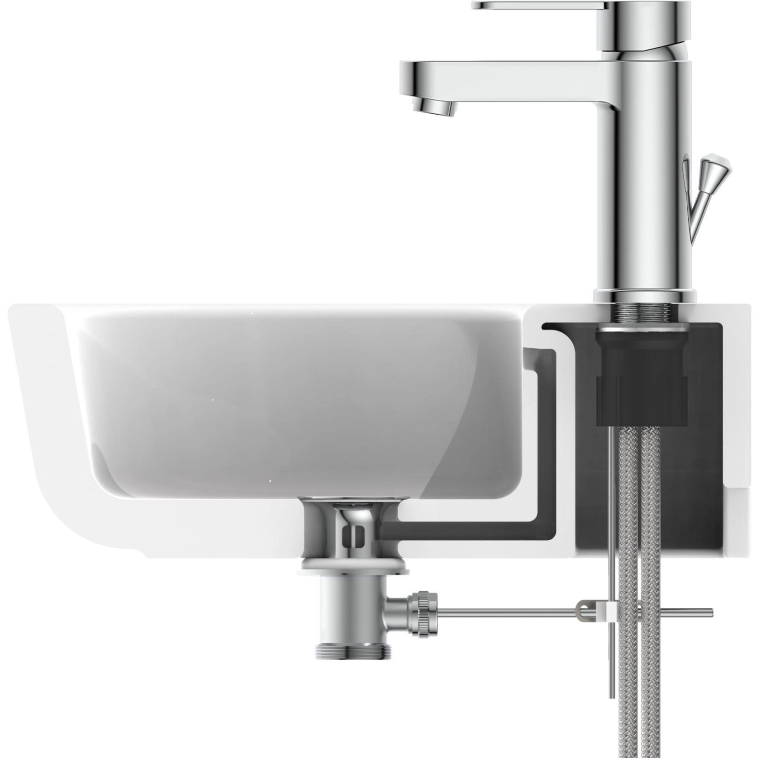 Schütte Waschtischarmatur Elephant Chrom mit Waschbecken-Innenansicht und Anschlüssen.