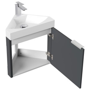 Posseik Eckbadmöbel Delta Slimline, Grafit, mit offenstehender Tür und Waschbecken.