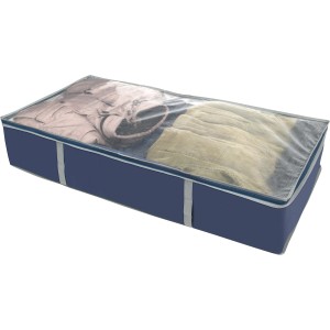 Blaue Unterbettkommode aus Vlies mit Sichtfenster zur Textilaufbewahrung.