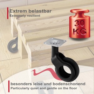 Schwarze SOTECH Design Möbelrolle BONN Ø60 mm mit silberner Montageplatte, 30 kg Tragkraft, leise und bodenschonend.