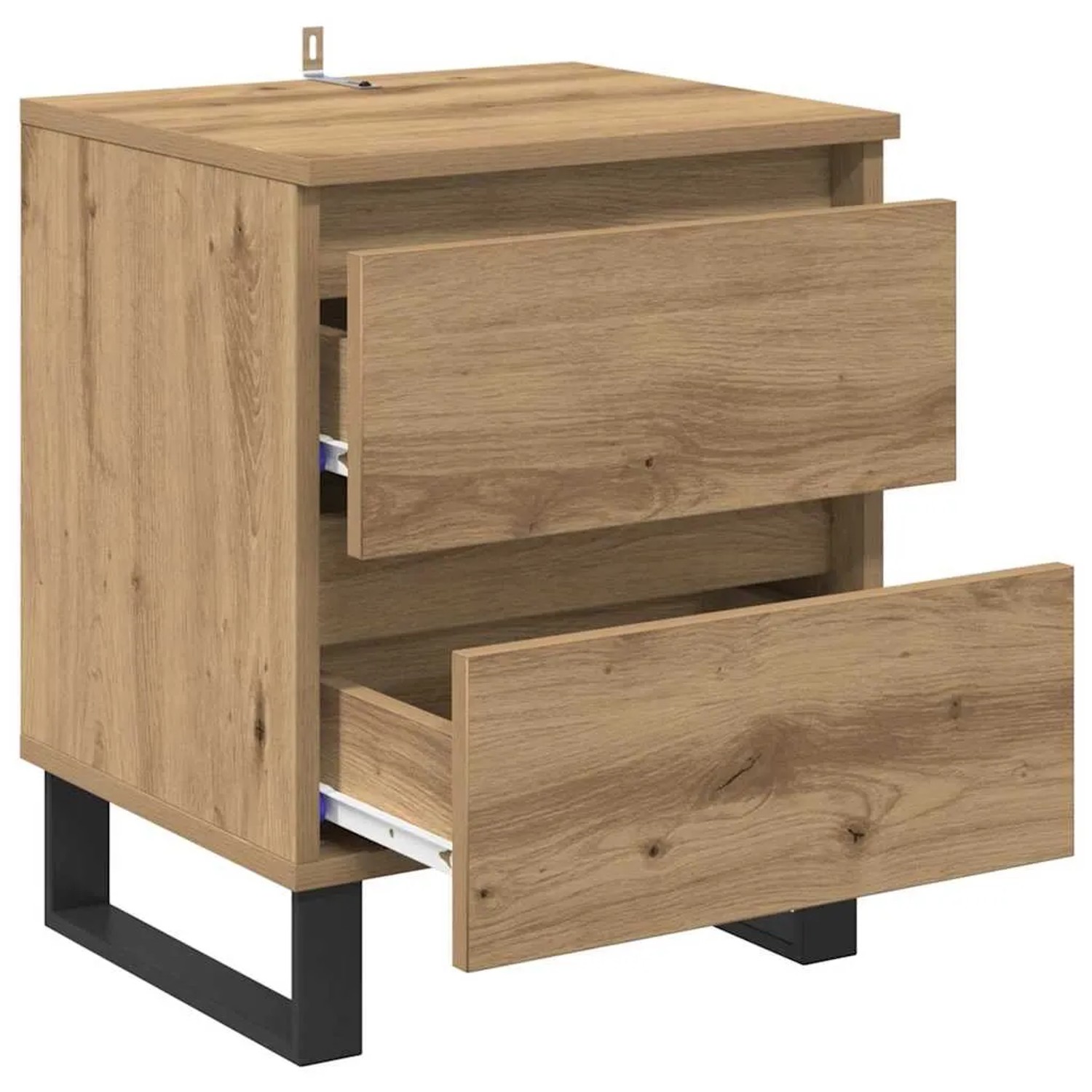 Nachttisch Artisan-Eiche aus Holzwerkstoff mit zwei Schubladen und schwarzen Metallfüßen, eine Schublade offen.