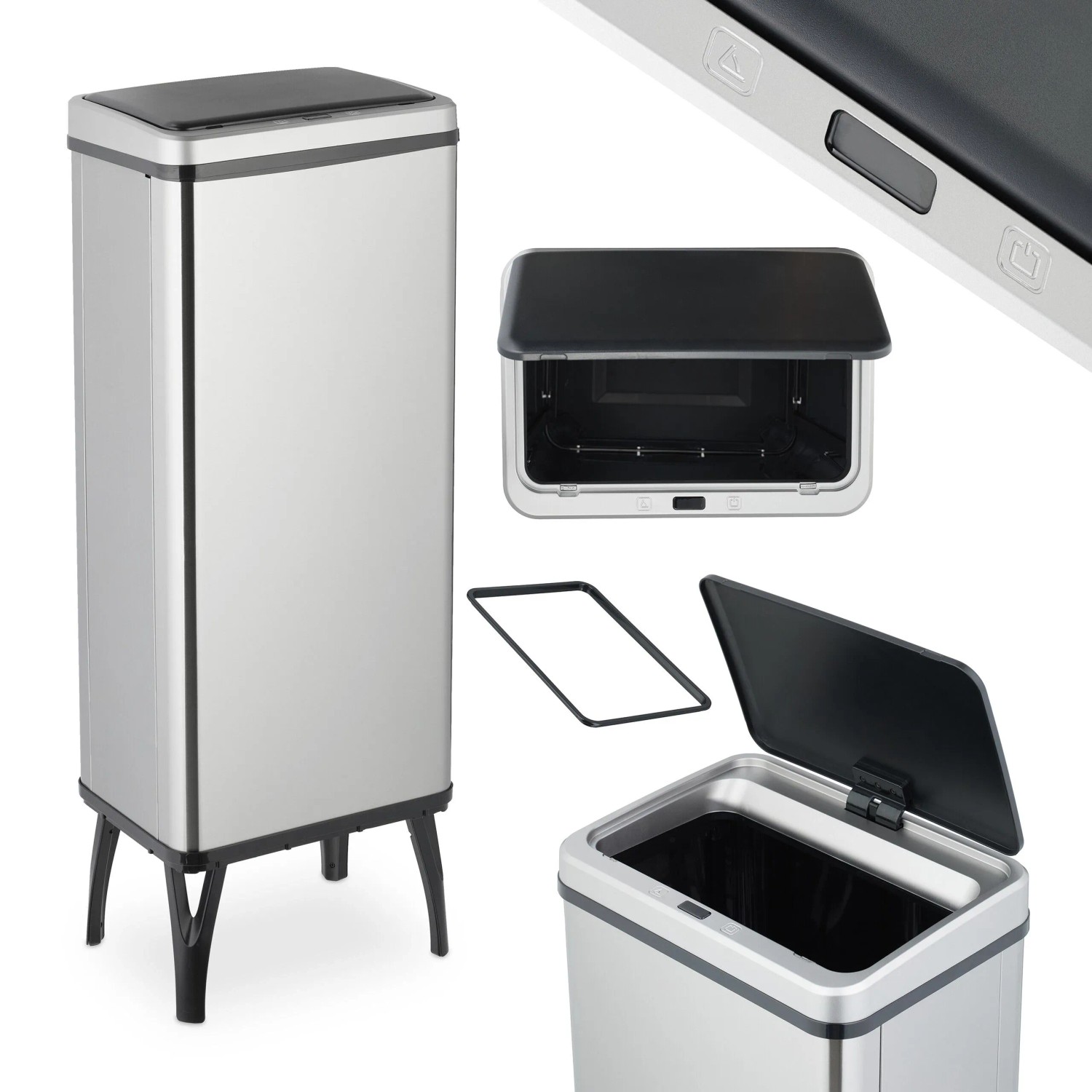 Relaxdays Mülleimer Edelstahl Silber Schwarz Sensor Automatisch 60 L 95 cm x 36 cm x 26 cm 4,1 kg