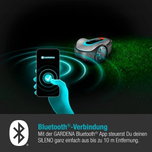Gardena Sileno Minimo Mähroboter mit Bluetooth-App Steuerung auf Rasenfläche.