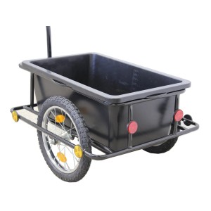 TRUTZHOLM Fahrradanhänger mit 90L Kunststoffwanne und Plane, Rückansicht.