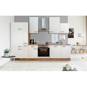 Flex-Well Küchenzeile Vintea 310 cm in Magnolia/Lancelot Oak mit E-Geräten und Spüle.