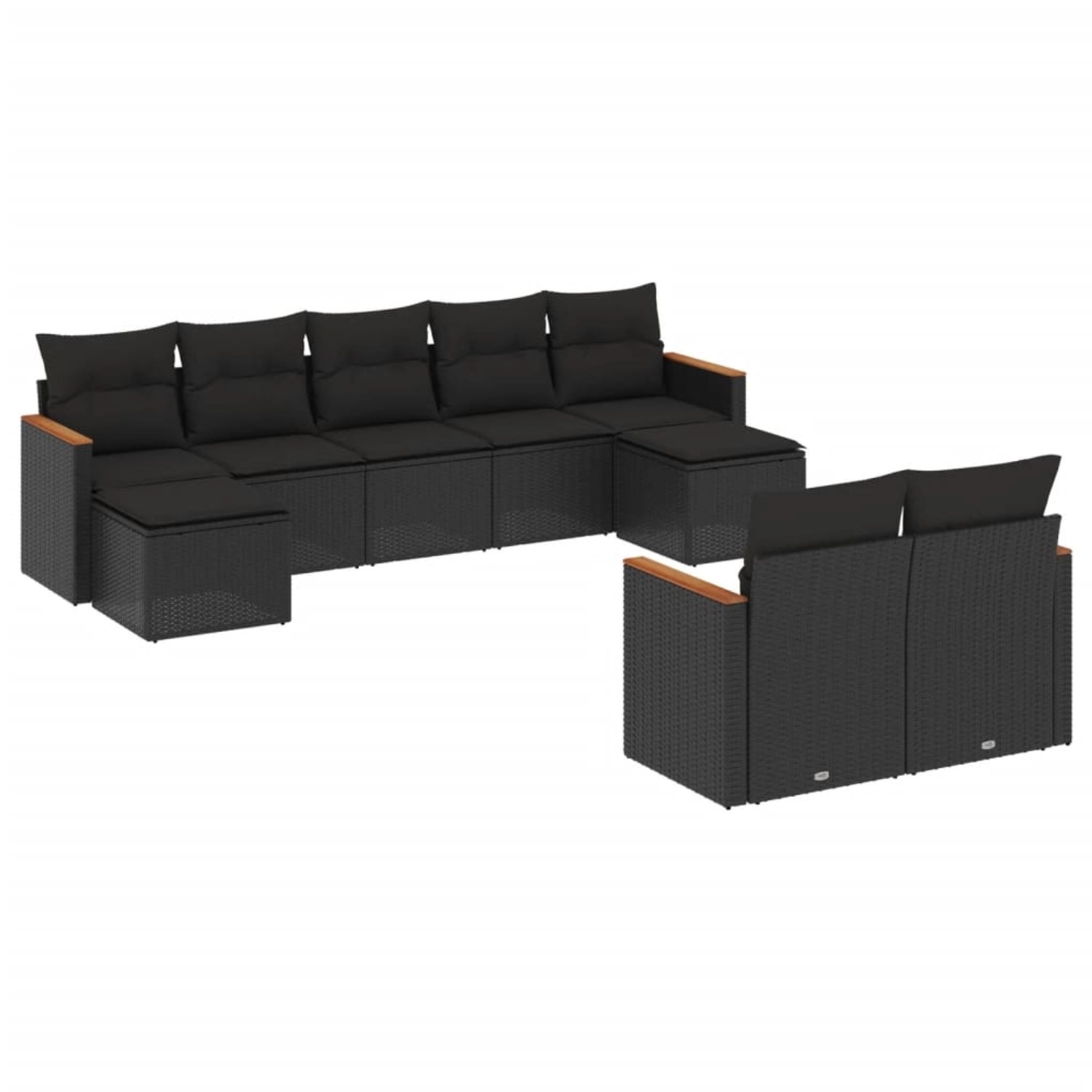 vidaXL 9-Tlg Garten-Sofagarnitur mit Kissen Schwarz Poly Rattan 3226398