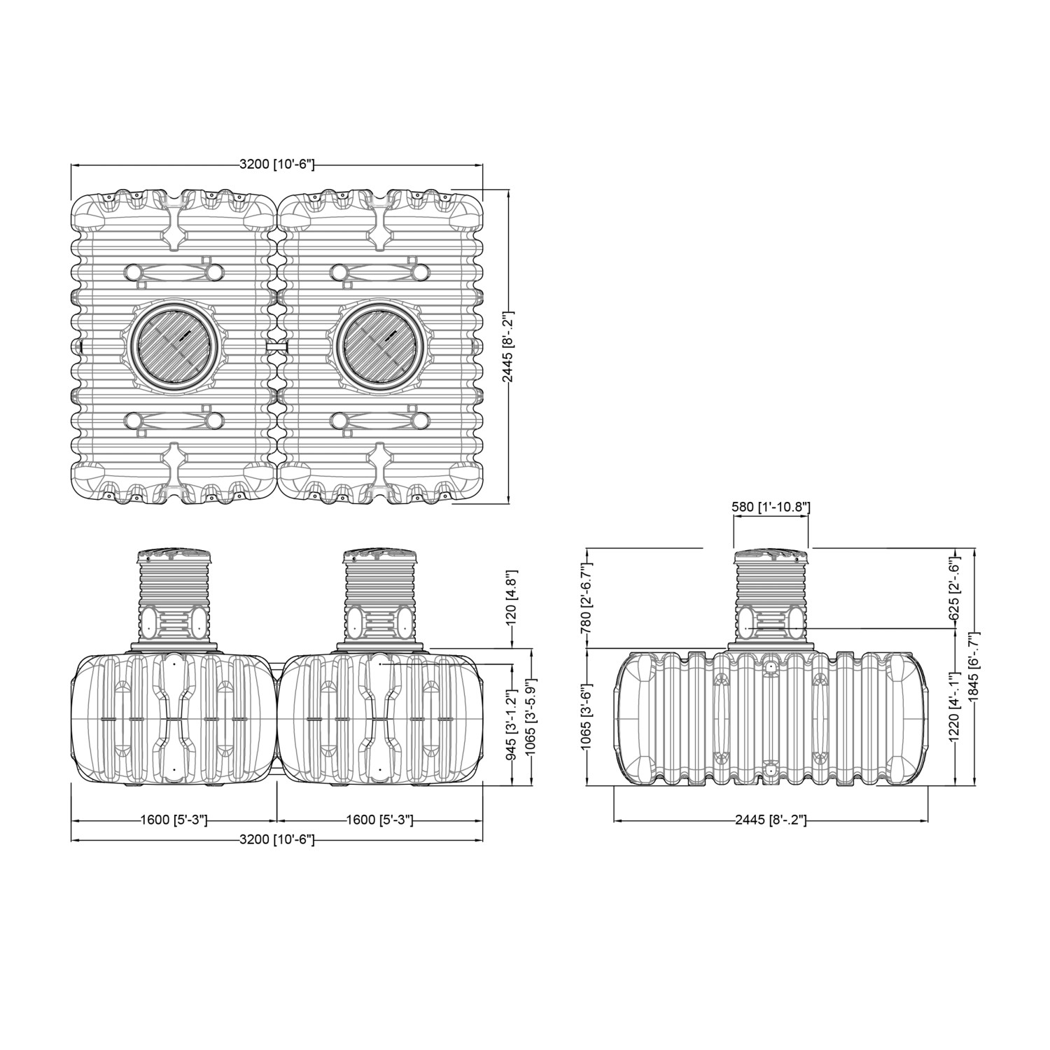 Technische Zeichnung: 4rain Zisterne Set Flat M 6000 l, Maße und Details zum Erdtank-Paket Garten-Comfort.
