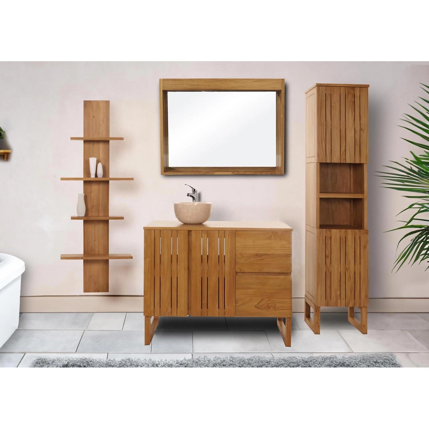 MCW Teak Hochschrank M72 mit 2 Türen und 6 Fächern im Badezimmer.