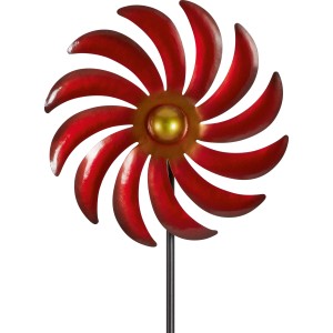 Rotes und blaues Windrad als Gartenstab, 116 cm hoch, aus Metall.