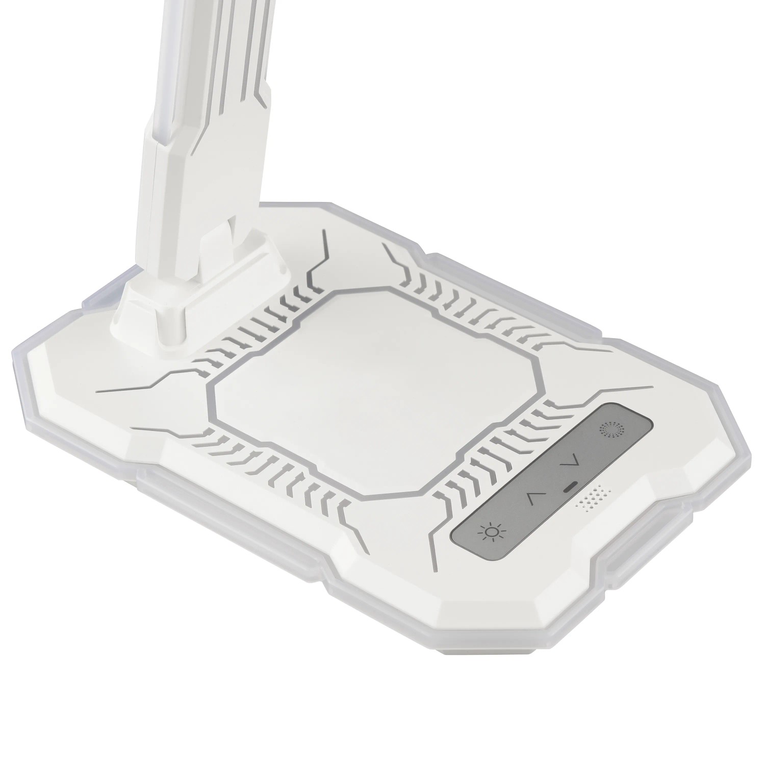 Detailansicht der weißen LED-Tischlampe Cyberglow mit Touch-Bedienfeld und Wireless Charging.