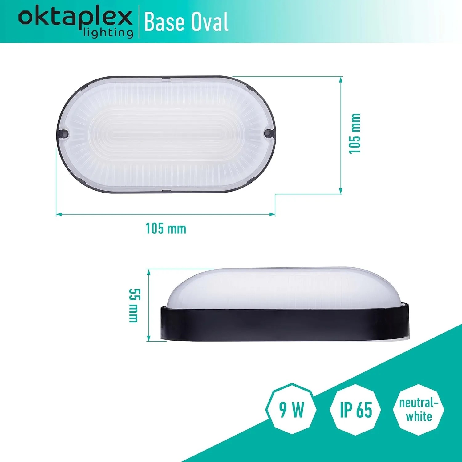 Oktaplex LED Ovalleuchte, 9W, neutralweiß, IP65, für Keller und Feuchträume, schwarzer Rahmen.