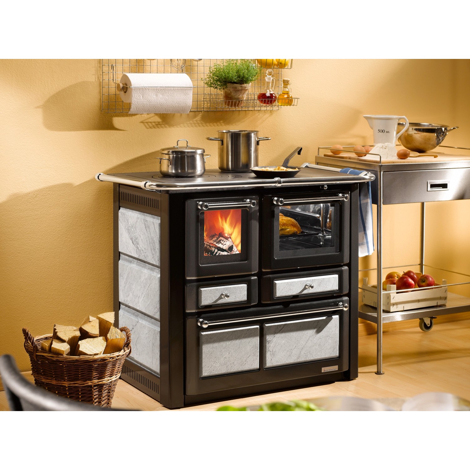 Westminster Küchenofen K85 F/R Naturstein 6 kW mit Kochplatte und Backofen.