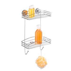 Wenko Wandregal Chrom mit 2 Etagen und Saugnäpfen, befüllt mit Badartikeln.