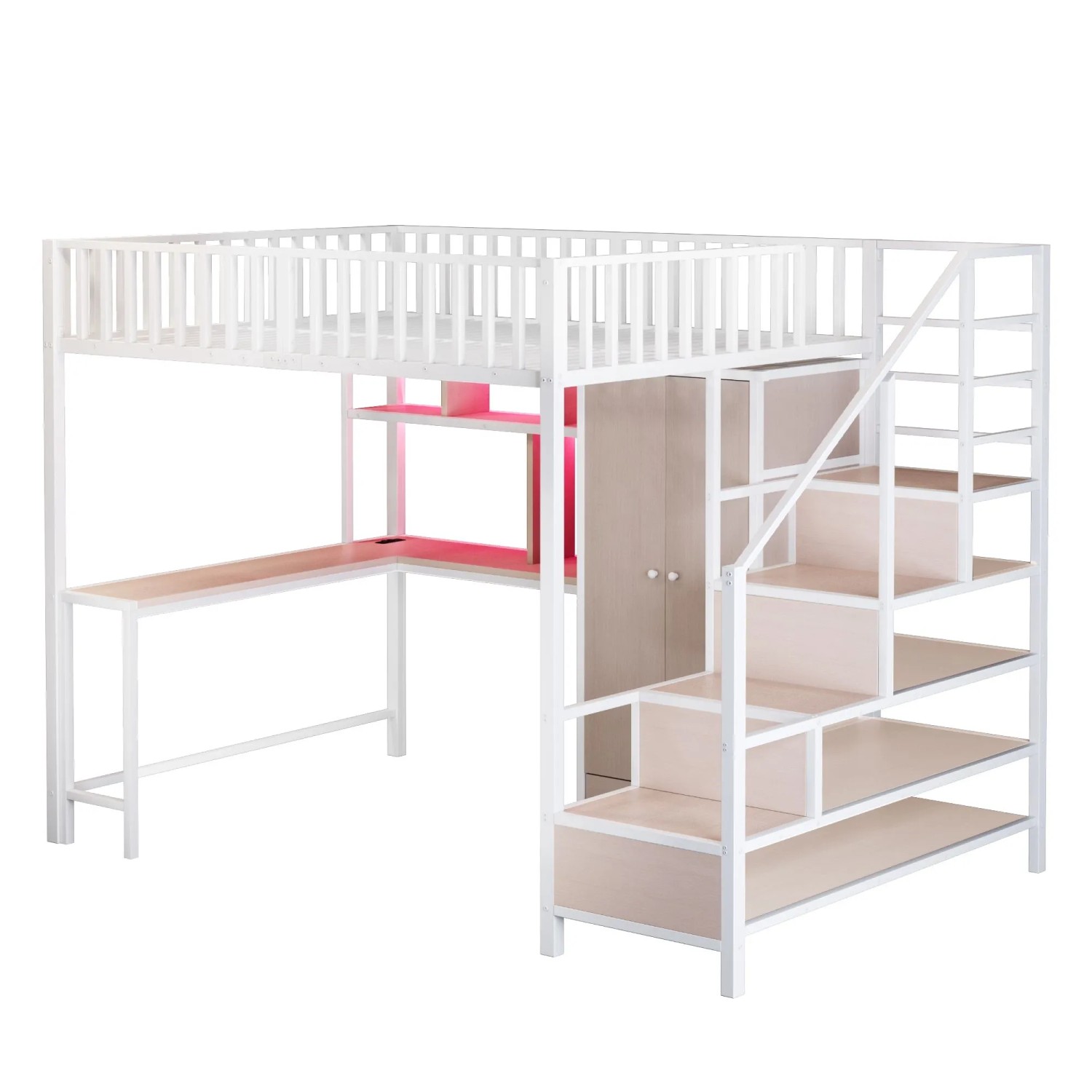 okwish Hochbett 140x200cm mit Schreibtisch Regal Kleiderschrank Weiß ohne Matratze