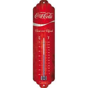 Nostalgic-Art Coca-Cola Thermometer im Retro-Design mit rotem Logo und Celsius- und Fahrenheit-Skala.