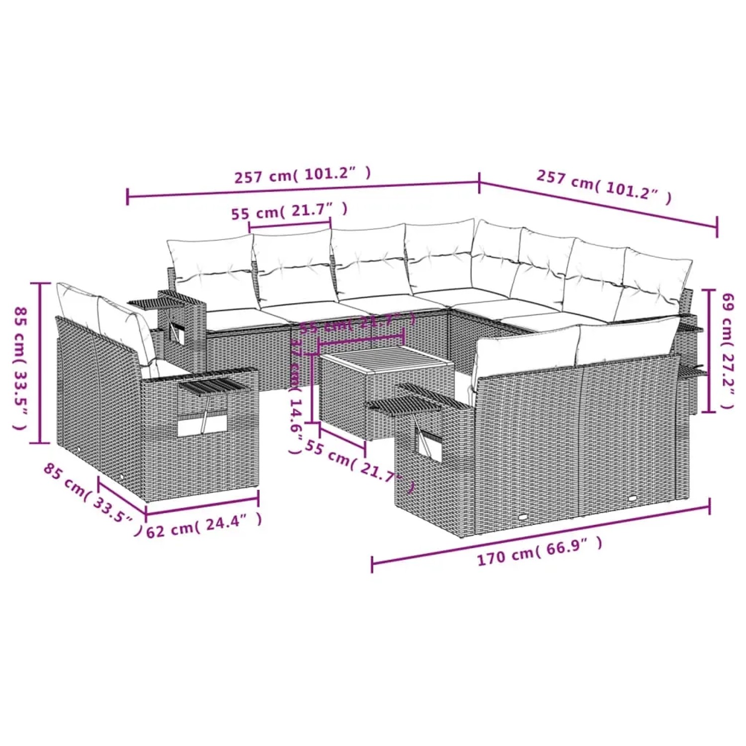 Schwarze 12-tlg. vidaXL Garten-Sofagarnitur aus Poly Rattan mit Kissen. Gartenmöbel für Terrasse und Garten.