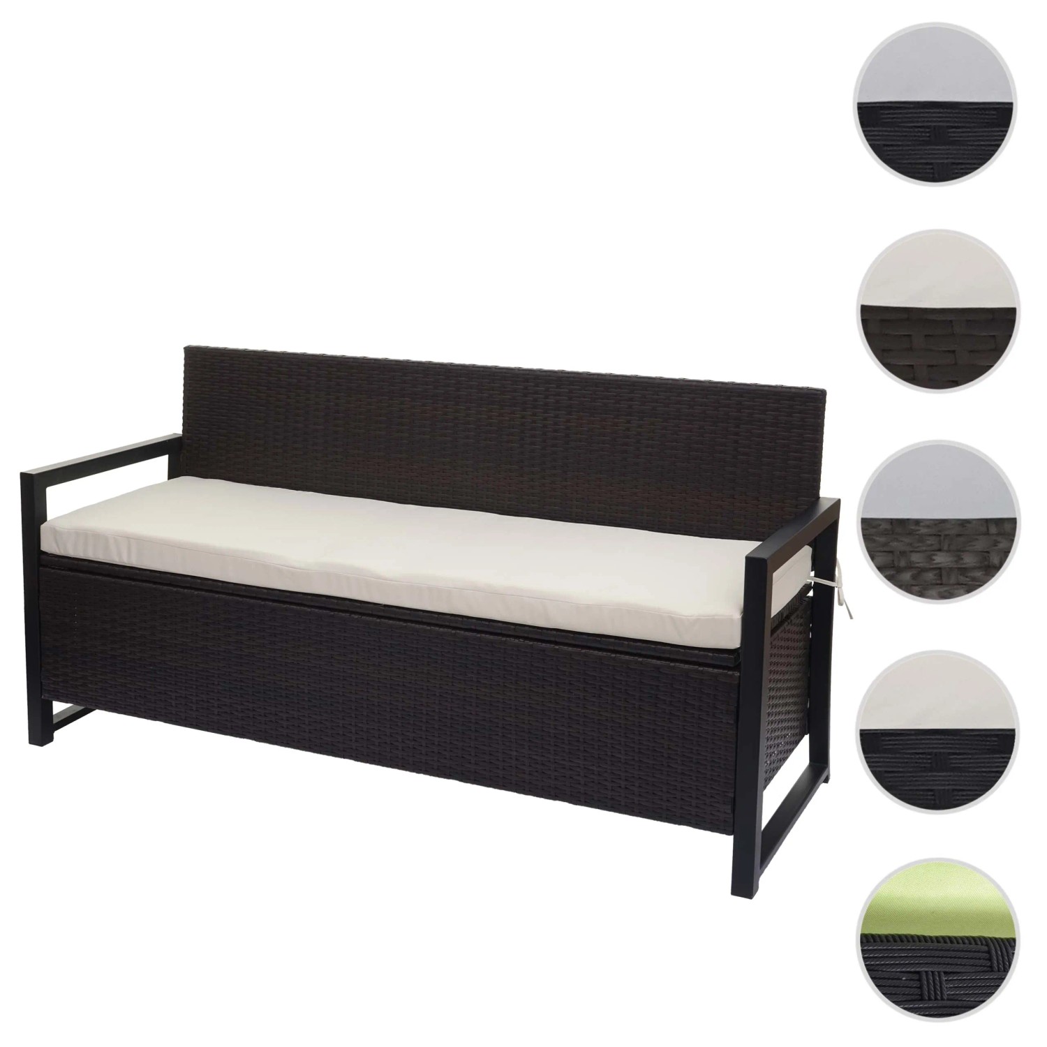 Braune Poly-Rattan Gartenbank mit creme Kissen und Stauraum für Gartenmöbel.