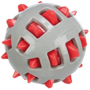 Grauer Jollypaw Ball mit roten Noppen, Ø 10 cm, aus TPR. Apportierspielzeug für Hunde.
