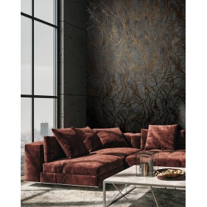 Marburg Vliestapete mit Linien Grafik in Schwarz und Kupfer im Wohnzimmer.