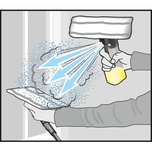 Illustration: Kärcher Verlängerungsset für Fenstersauger im Einsatz mit Sprühflasche und Einwascher.