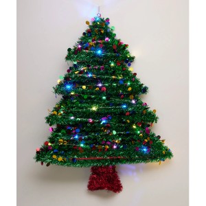 Grüner LED-Weihnachtsbaum aus Lametta mit bunten Lichtern, Weihnachtsdekoration.
