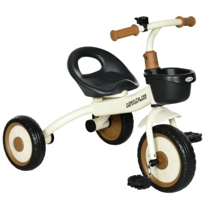 AIYAPLAY Dreirad Kinderfahrrad mit Korb, verstellbarem Sitz und cremefarbenem Rahmen.