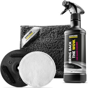 Kärcher Autoscheiben-Reinigungsset mit Reiniger, Mikrofasertuch und Pads für die Autopflege.