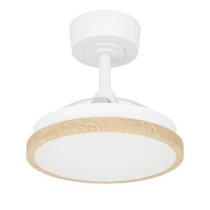Runder Eglo LED-Deckenventilator Malpica, weiß mit Holzoptik-Rand. Als Deckenleuchte mit eingezogenen Flügeln.