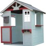 Grau-rot-weißes Kinderspielhaus aus FSC-Tanne mit Briefkasten, Fenster und Markise.