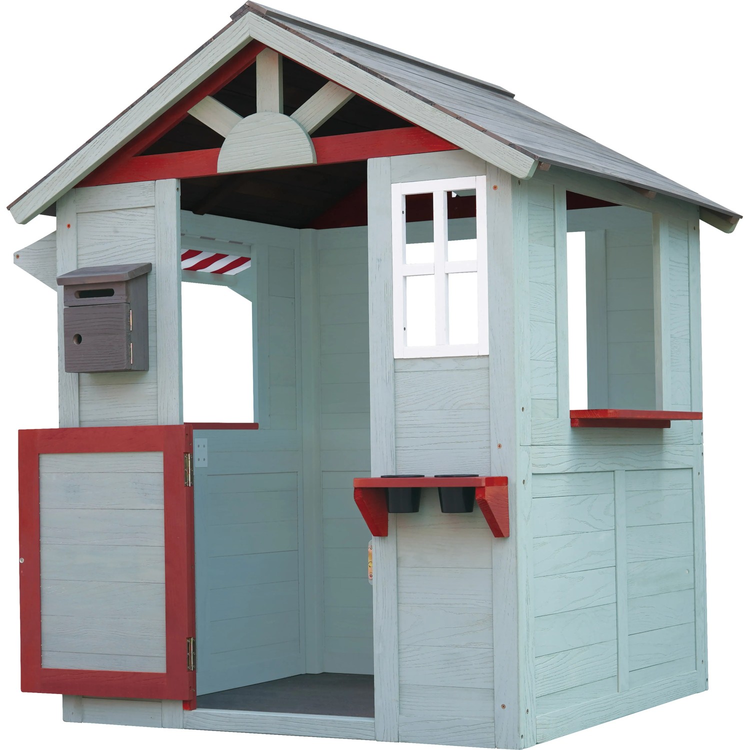 Grau-rot-weißes Kinderspielhaus aus FSC-Tanne mit Briefkasten, Fenster und Markise.
