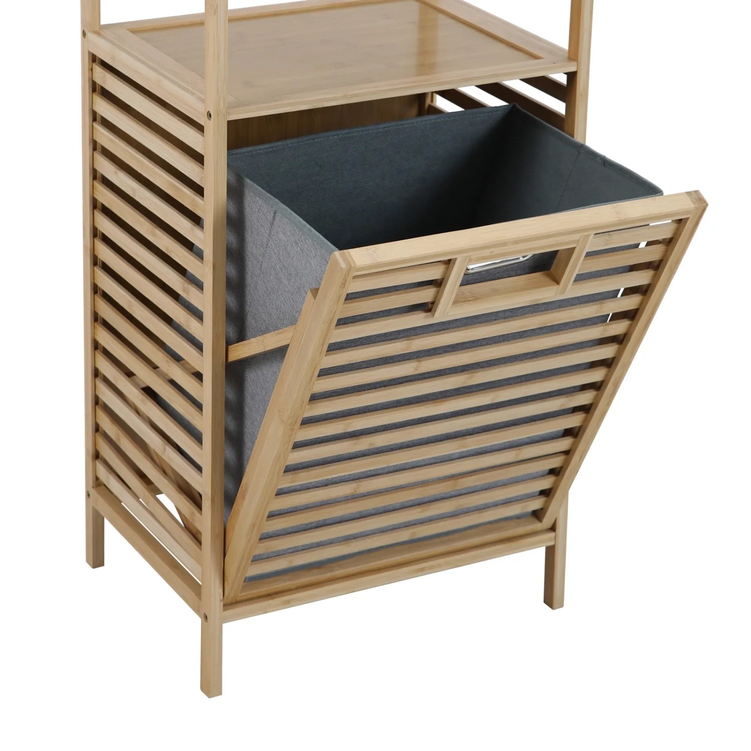 Svita Puvi 2in1 Badregal aus Bambus mit Wäschekorb für Schmutzwäsche, teilgeöffnet.