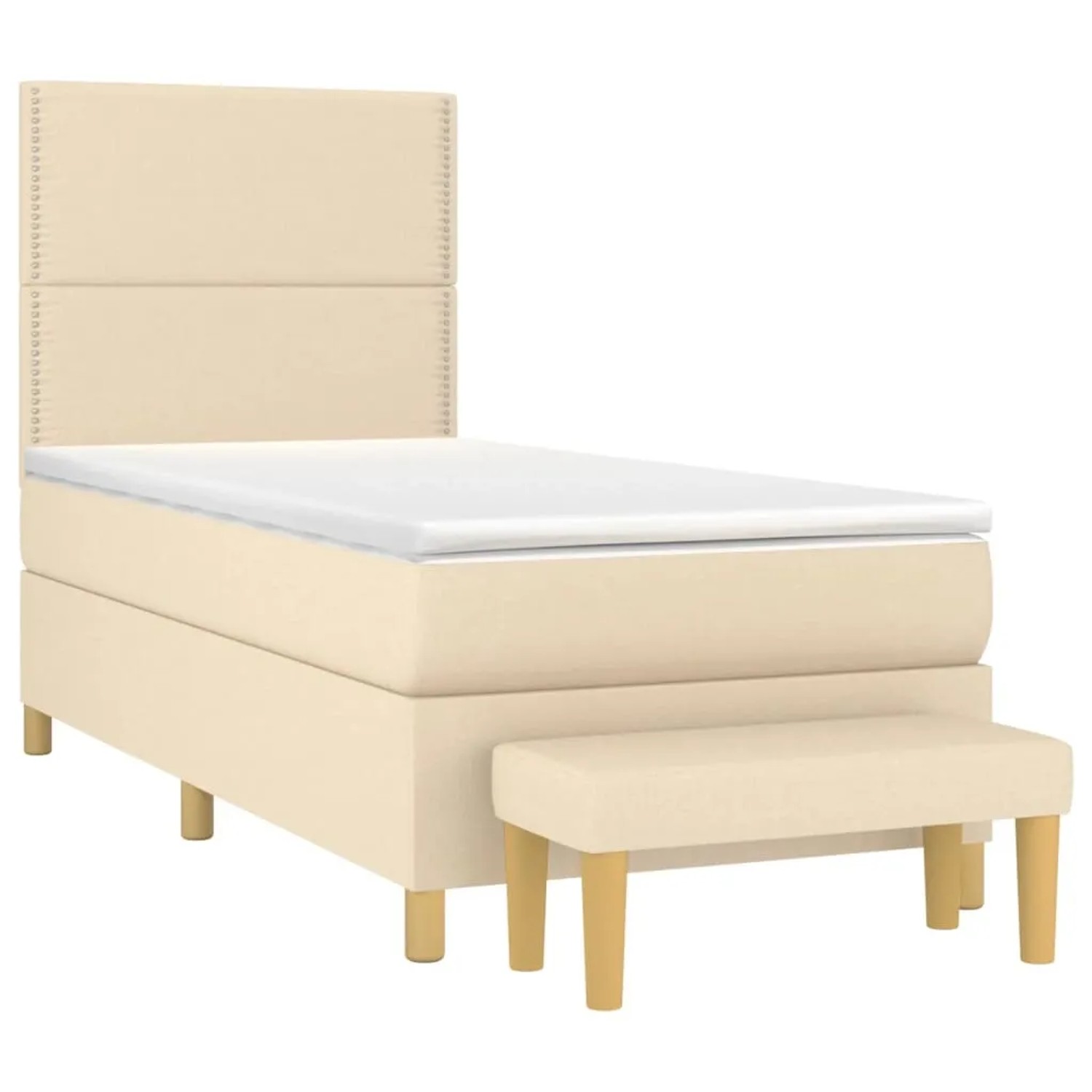 Cremefarbenes Boxspringbett 100x200 cm mit Matratze und Bank, Stoffbezug.