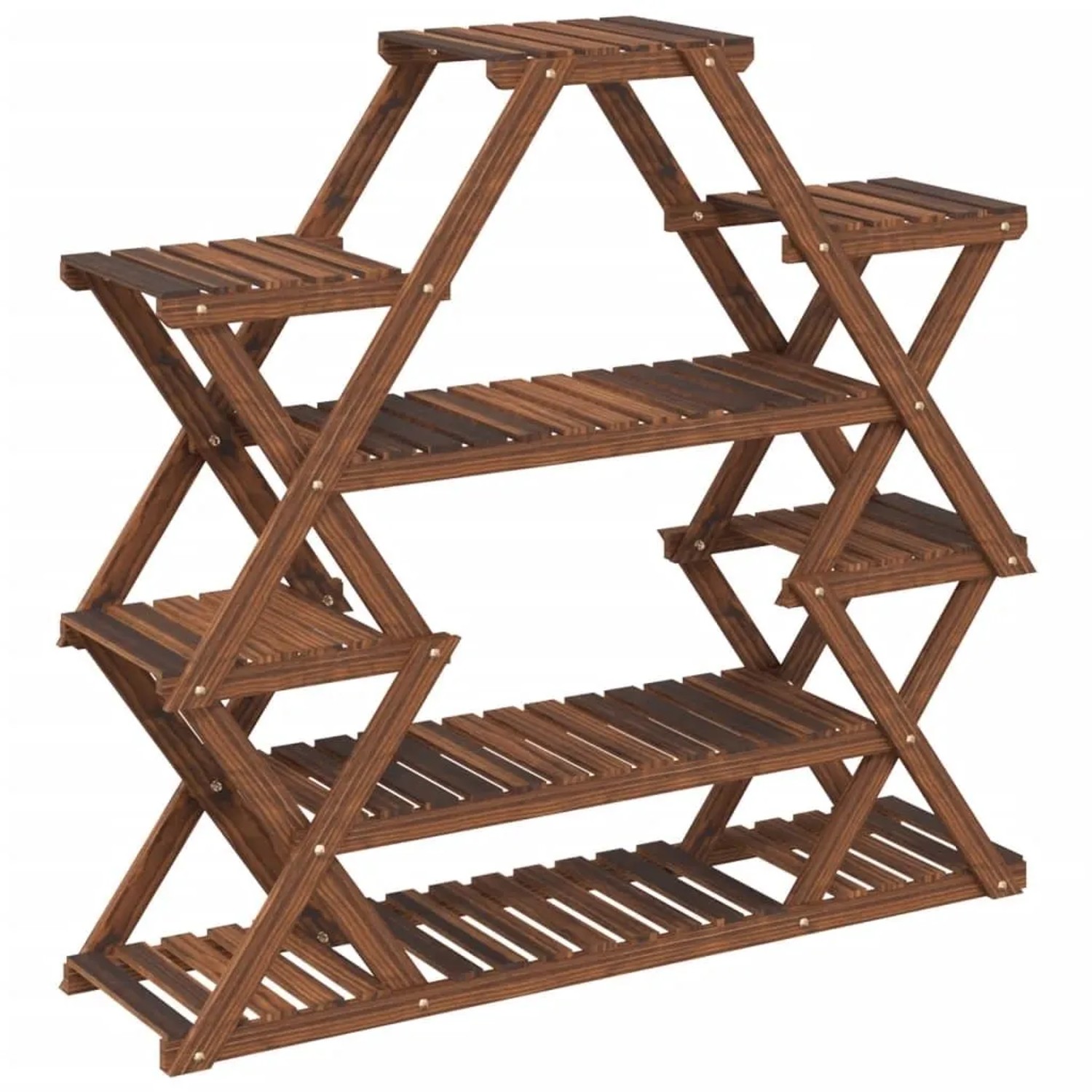 Mehrstufiger Blumenständer aus karbonisiertem Tannenholz, dunkelbraun. Ideal für Pflanztöpfe und Dekoration.