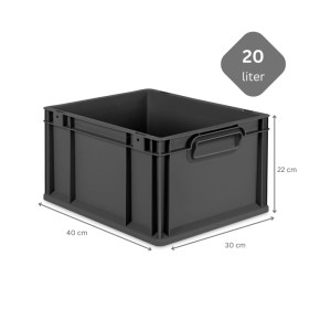Schwarze PROREGAL Eurobox Nextgen, 20 Liter, mit Griffen und Scharnierdeckel. Ideal zur Aufbewahrung.