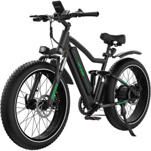 Schwarzes HITWAY E-Bike BK9S mit 26x4,0 Zoll Fat-Reifen, Doppel-Federung und Scheibenbremsen. Grüne Akzente.