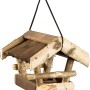 Kleines Vogelfutterhaus aus Birke und Pinie, naturbelassen, mit Kordel zum Aufhängen.