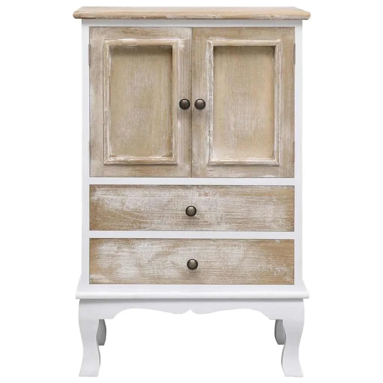 Weiße vidaXL Schubladenkommode aus Holz, 50x30x80 cm, mit 2 Türen und 2 Schubladen im Shabby Chic Look.