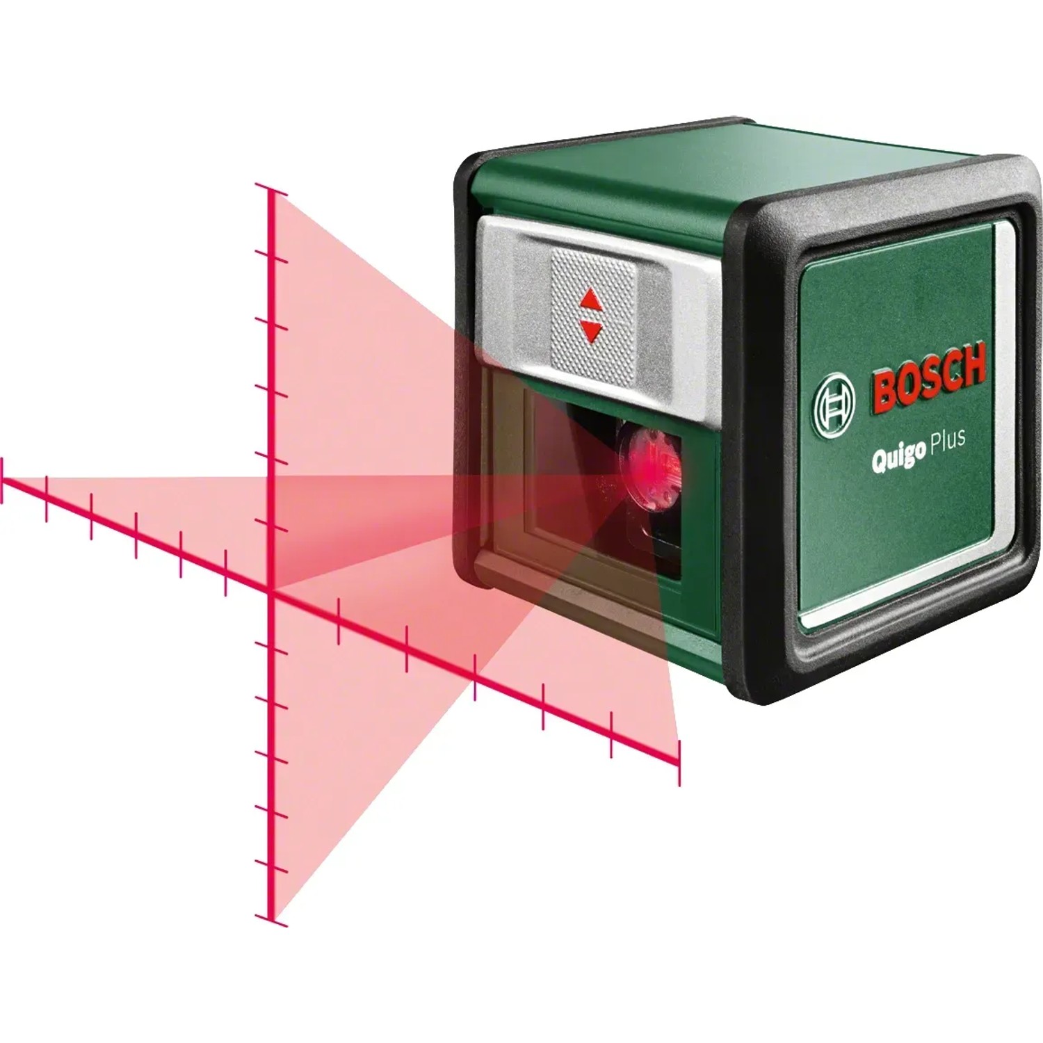 Bosch Quigo Plus Kreuzlinienlaser mit Stativ, projiziert rote Laserlinien mit Markierungen.