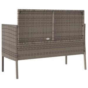 Graue VidaXL Gartenbank aus Poly Rattan mit Stauraum und Kissen.