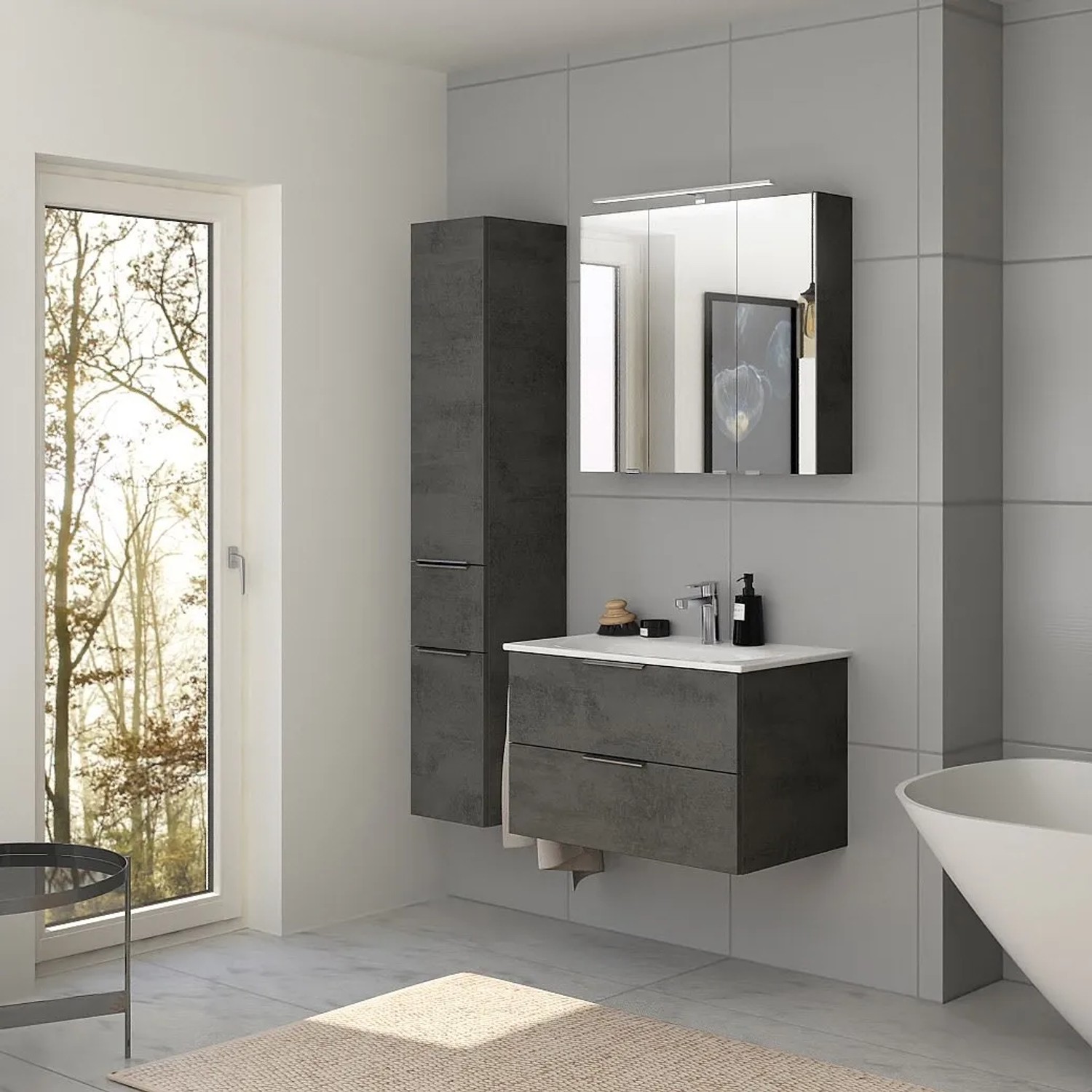 Steinkamp Waschtisch-Set: Unterschrank dunkelgrau mit GROHE Essence Waschtisch 80 cm.