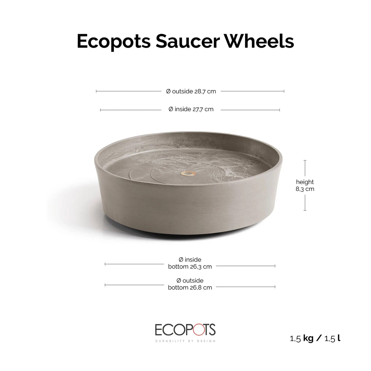 Ecopots Untersetzer Amsterdam Rollen Taupe, 28,7 cm. Praktischer, rollbarer Blumentopf-Untersetzer.