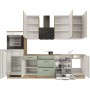 Flex-Well Küchenzeile Cara 280 cm in Schilfgrün/Artisan Eiche mit E-Geräten wie Herd, Kühlschrank und Geschirrspüler.