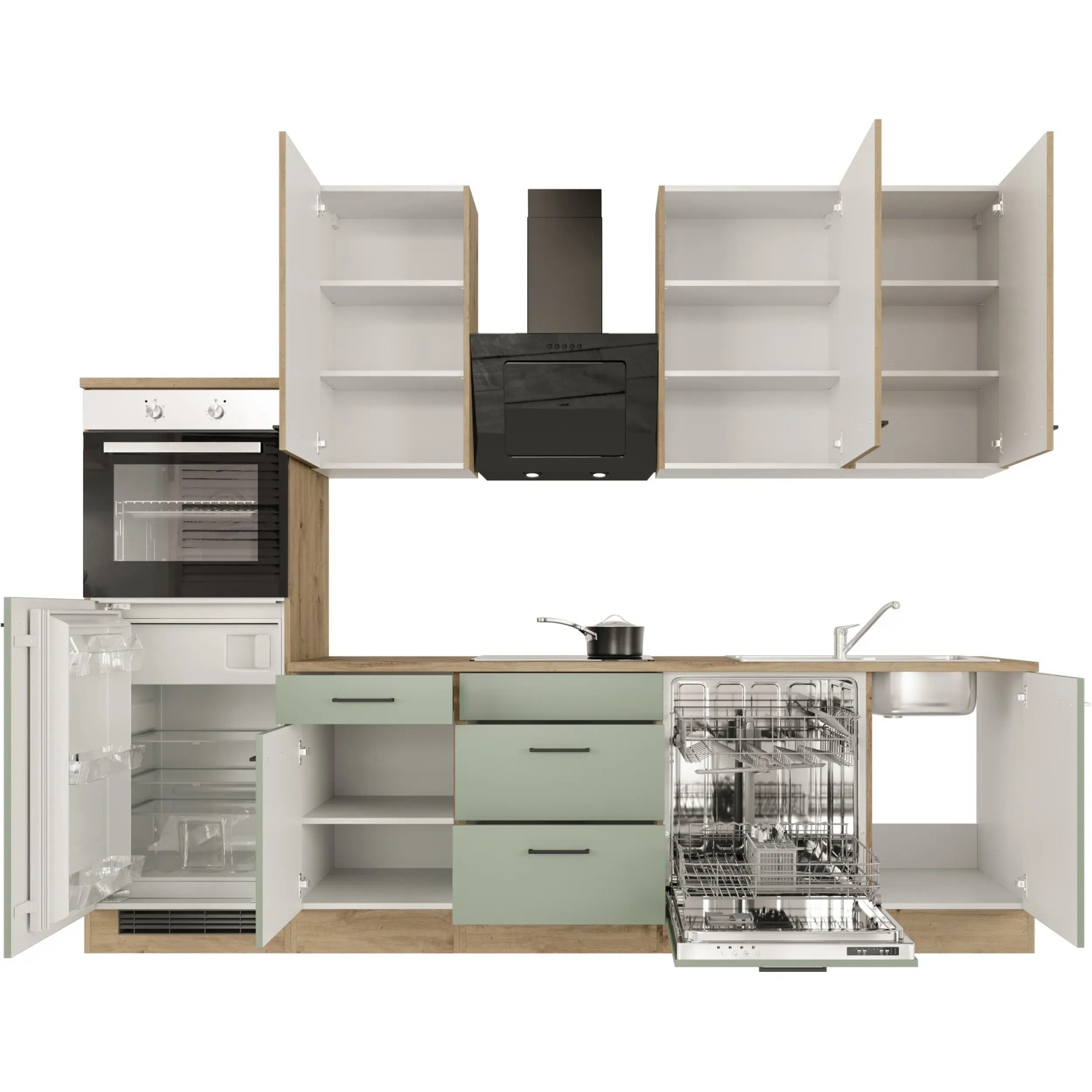 Flex-Well Küchenzeile Cara 280 cm in Schilfgrün/Artisan Eiche mit E-Geräten wie Herd, Kühlschrank und Geschirrspüler.