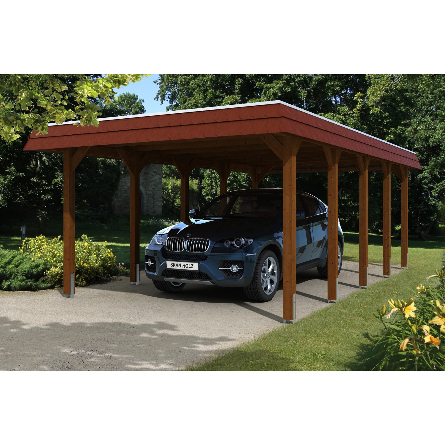 Skan Holz Carport Spreewald 396 cm x 741 cm rote Blende EPDM Dachbahn Nussb günstig online kaufen