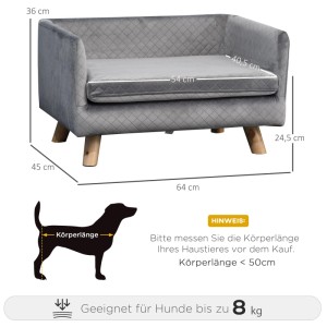 Graues PawHut Hundesofa mit Samt-Touch, Holzbeinen und Skandi Design. Ideal für kleine Hunde bis 8 kg. Maße: 64x45x36 cm.