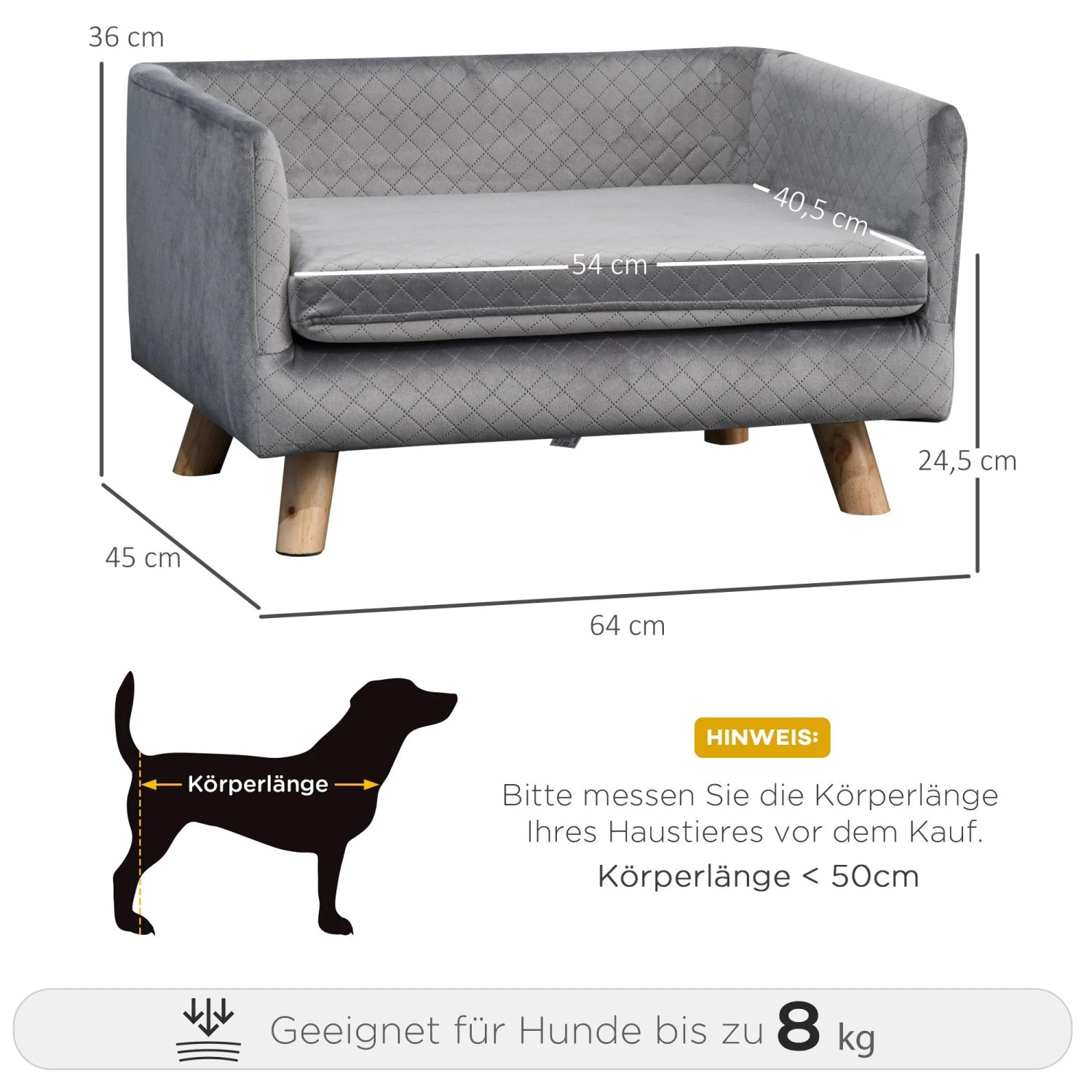 PawHut Hundesofa mit Holzbeinen bis zu 8 kg Samt-Touch Grau 64 x 45 x 36 cm_3