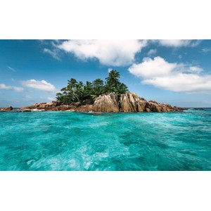 Fototapete Schatzinsel: Tropische Insel mit Palmen und türkisfarbenem Wasser.