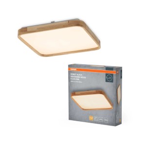 Quadratische Osram LED-Deckenleuchte Orbis Alicia mit hellem Holzrahmen und warmweißem Licht. Click-Dim.